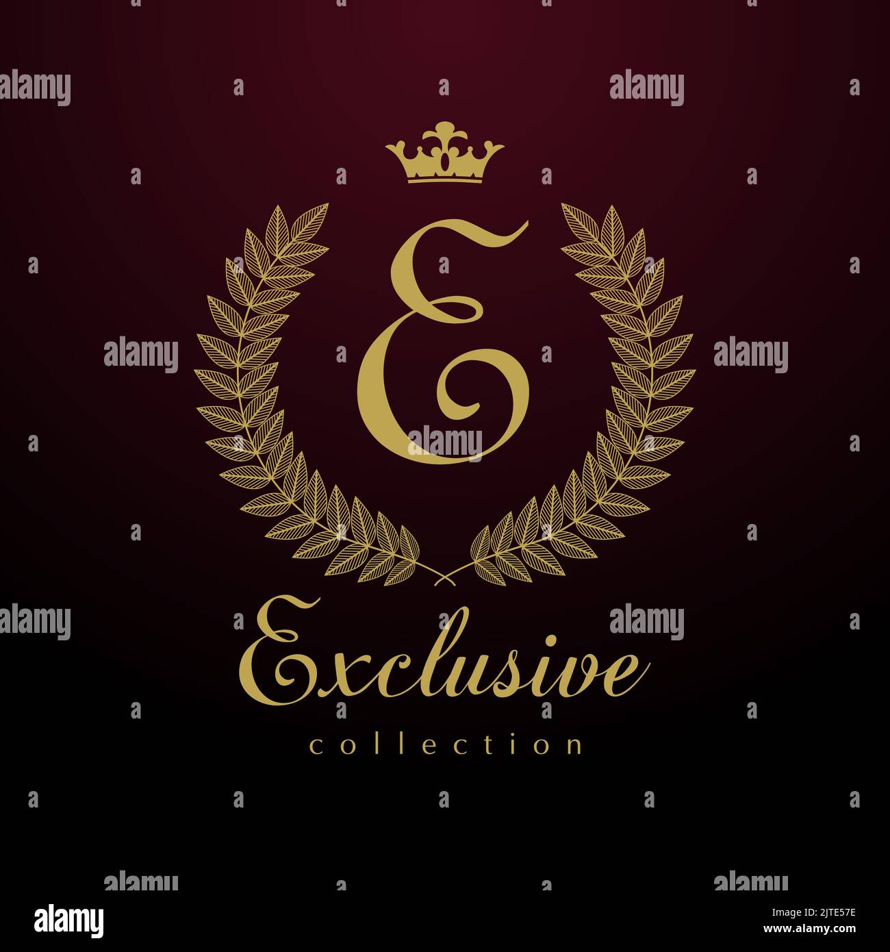 Exclusive collection vintage sign with old style letter E. Fashion collection logo concept with round palm wreath. Isolated abstract graphic design. Stock Vector
