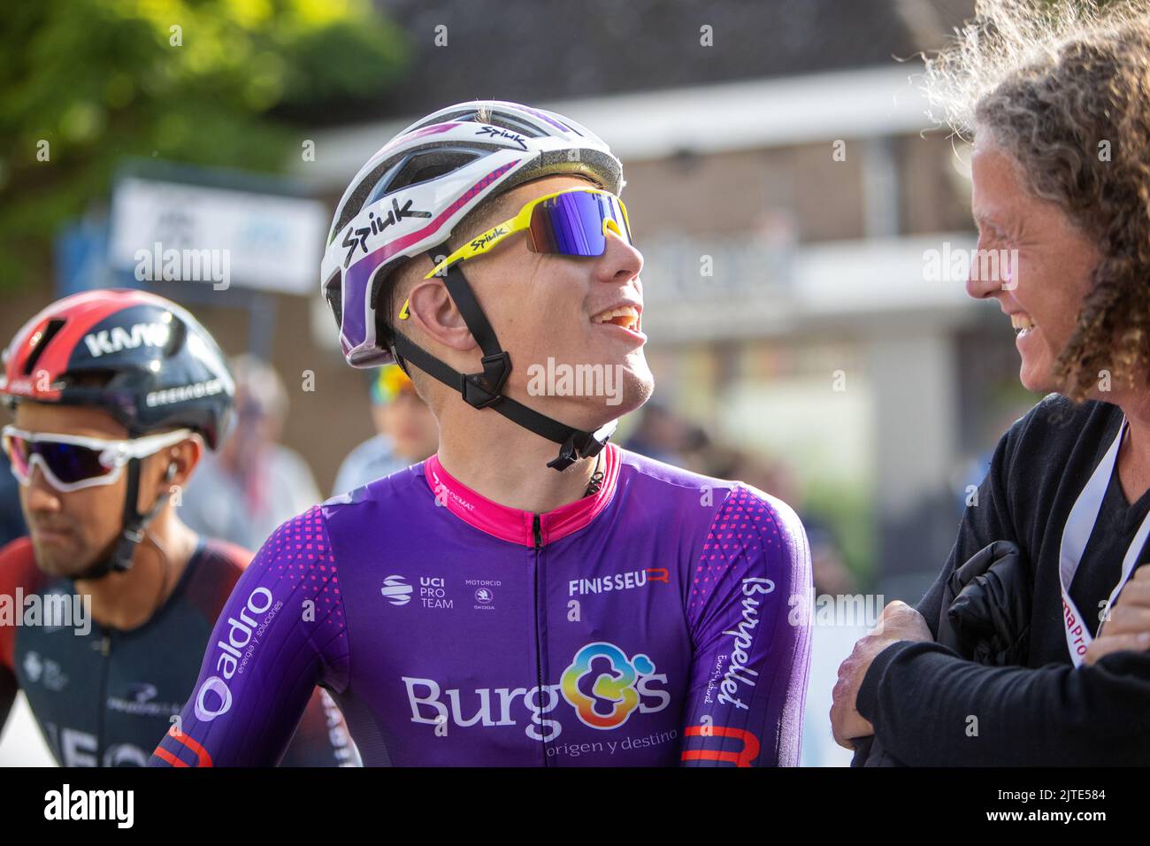 KAPELLE THE NETHERLANDS - June 8:  Jetse Bol (team Burgos-BH) of The Netherlands has fun with NOS reporter Han Kock during stage 1, KAPELLE - KAPELLE Stock Photo