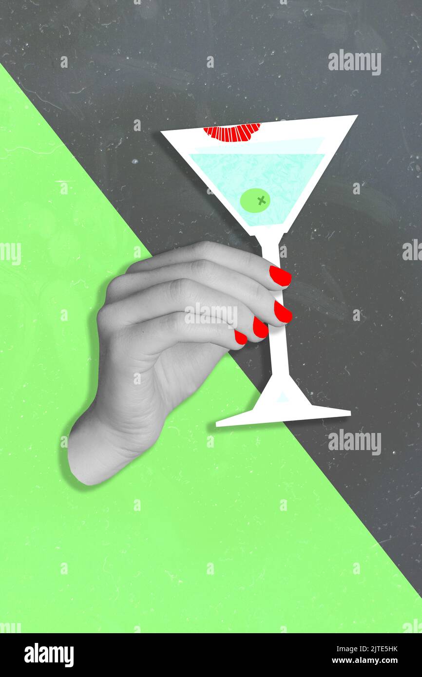 Vertical placard collage of hands hold martini isolated on drawing grey