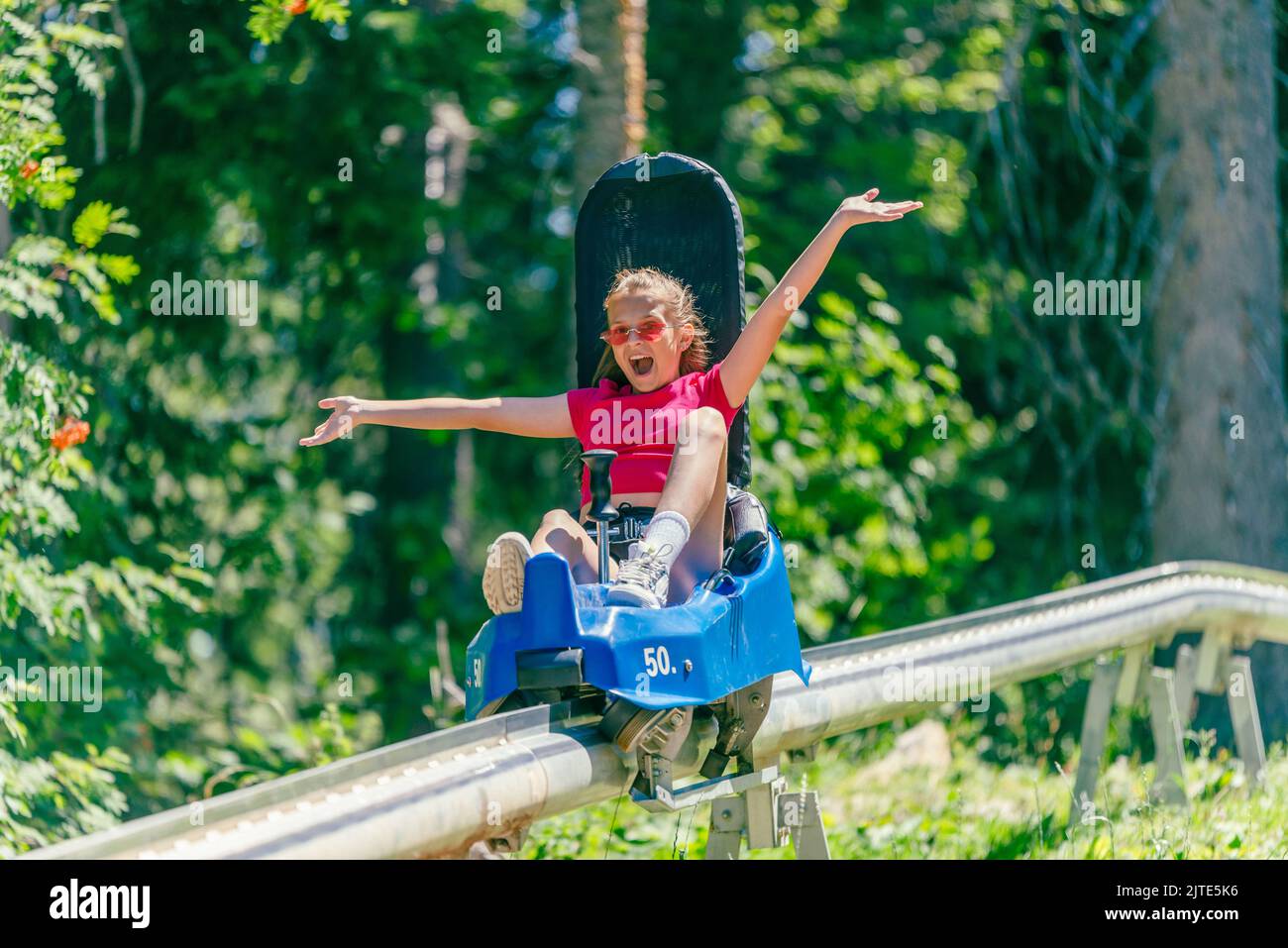 Screaming girl riding mountain roller coaster with outstretched arms. Forest in background Stock Photo