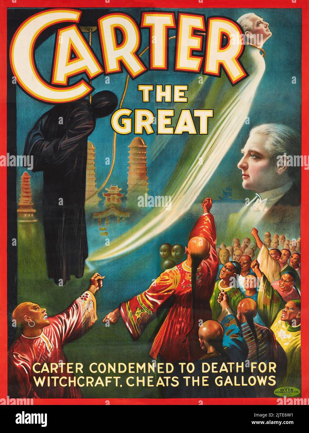 Vintage 1920s Magician Poster for Carter The Great. Carter condemned to death for witchcraft. Cheats the gallows Stock Photo