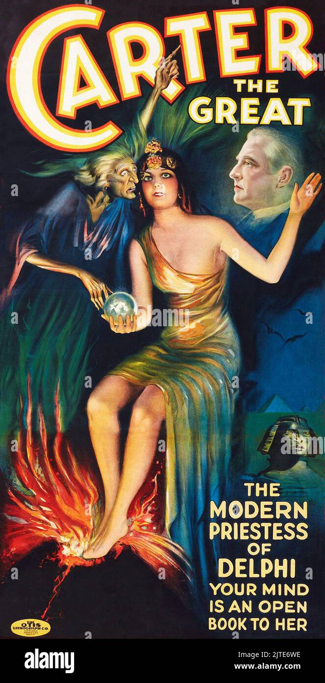 Vintage 1920s Magician Poster for Carter The Great. The Modern Priestess of DELPHI Stock Photo