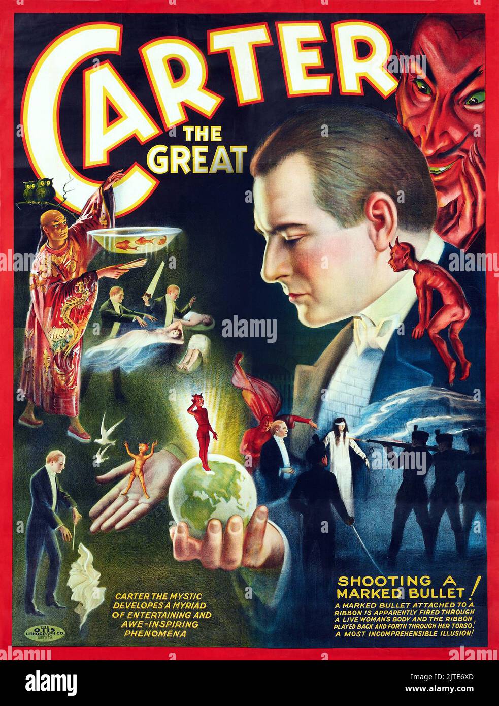 Vintage 1920s Magician Poster for Carter The Great. Shooting A Marked Bullet Stock Photo