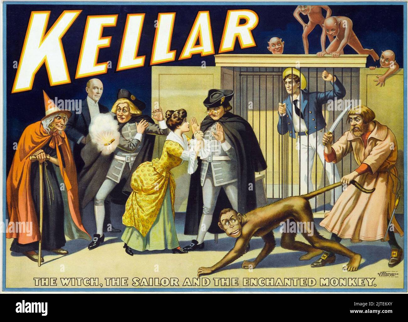 Vintage 1920s Magician Poster - Kellar: The Witch,the Sailor and the Enchanted Monkey Stock Photo