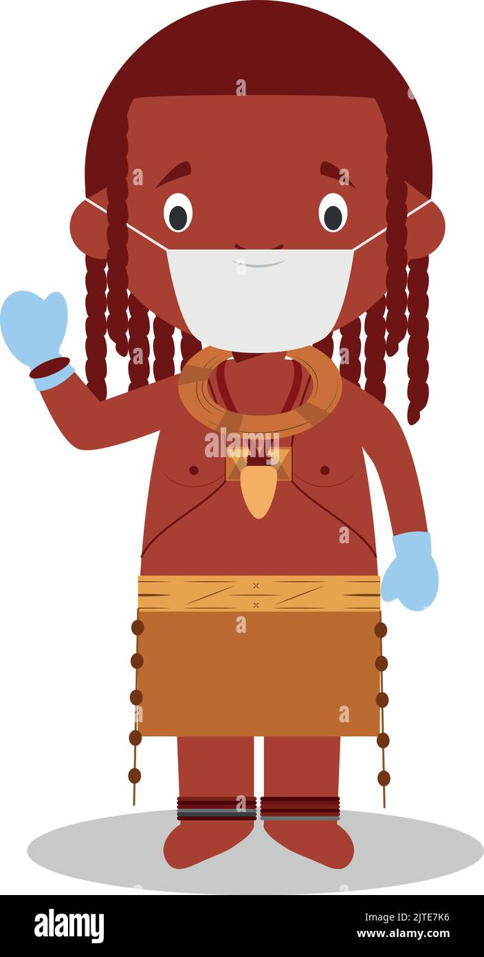 Character from Angola (Himba Tribe) dressed in the traditional way and with surgical mask and latex gloves as protection against a health emergency Stock Vector