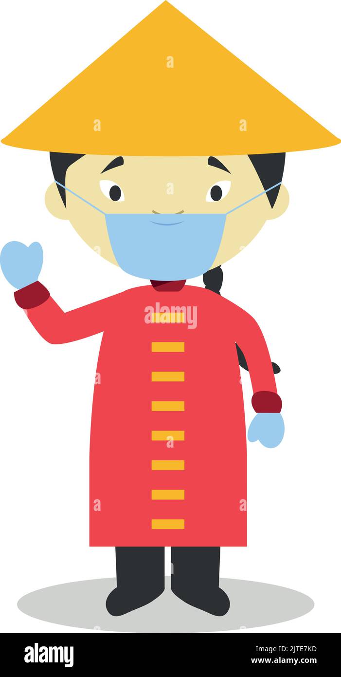 Character from China dressed in the traditional way and with surgical mask and latex gloves as protection against a health emergency Stock Vector