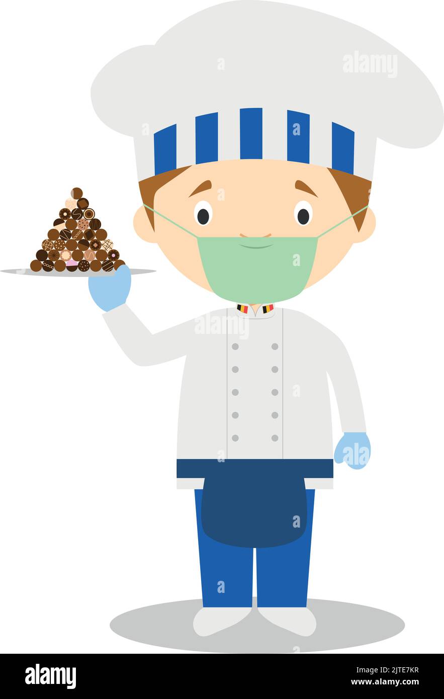 Pastry Chef Character with chocolates typical of Belgium and with surgical mask and latex gloves as protection against a health emergency Stock Vector