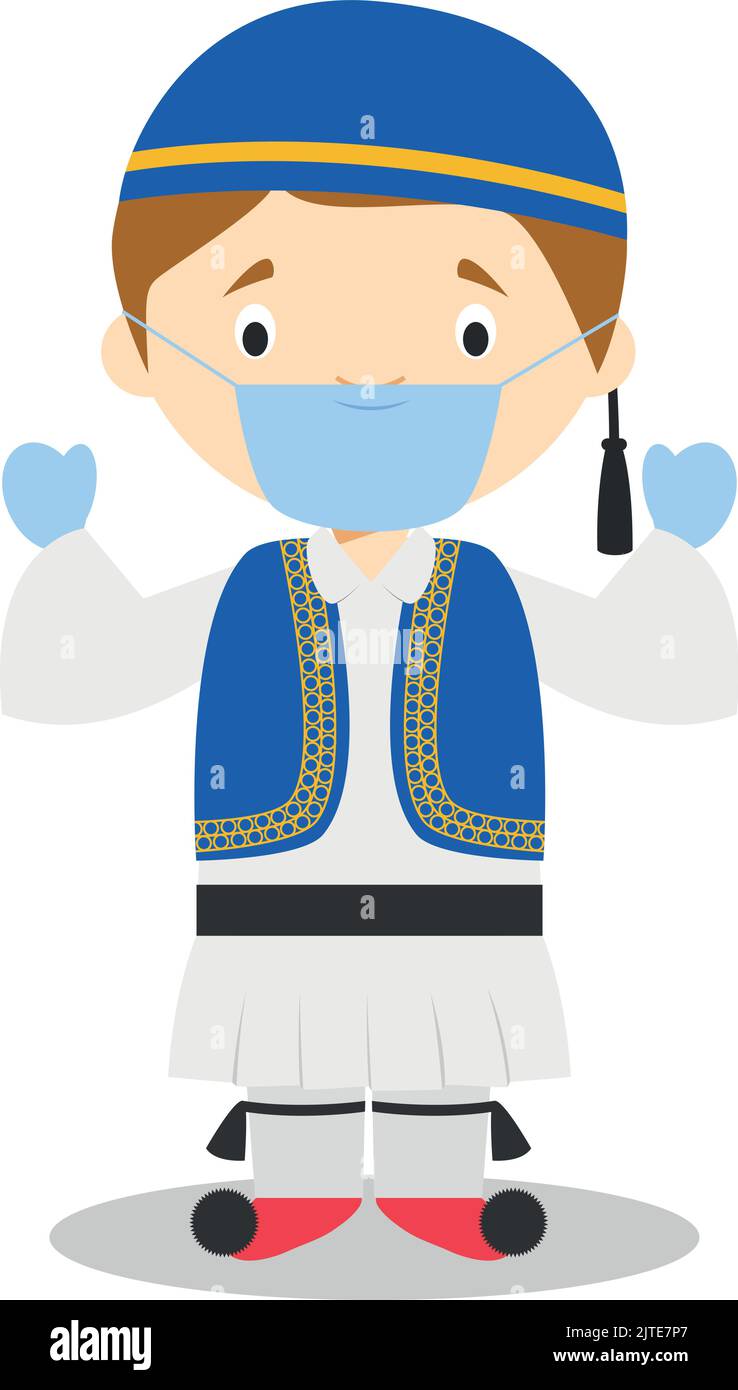 Character from Greece dressed in the traditional way as a Sirtaki dancer and with surgical mask and latex gloves as protection against a health emerge Stock Vector