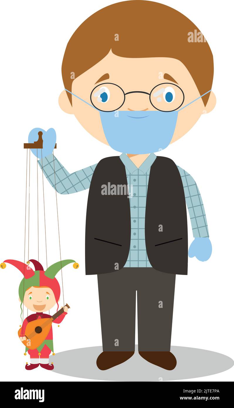 Puppeteer with typical puppet in Czech Republic and with surgical mask and latex gloves as protection against a health emergency Stock Vector
