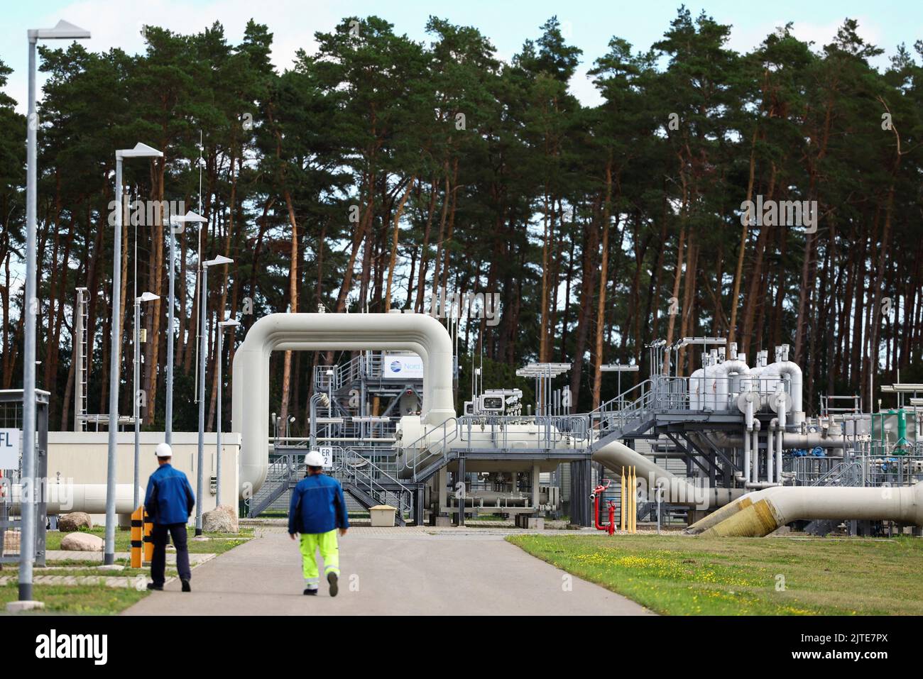 View towards Nord Stream 1 Baltic Sea pipeline and the transfer station of the Baltic Sea Pipeline Link in the industrial area of Lubmin, Germany, August 30, 2022. REUTERS/Lisi Niesner Stock Photo