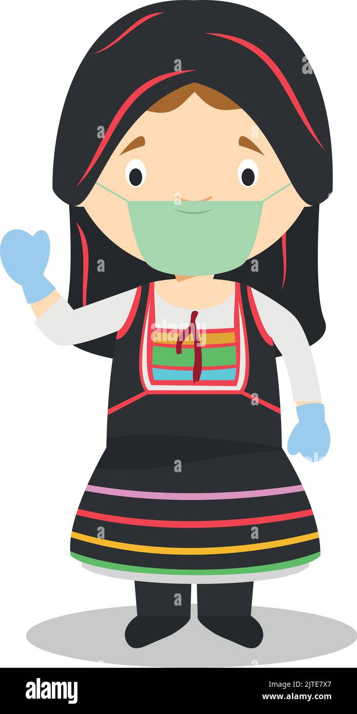 Character from Cyprus dressed in the traditional way and with surgical mask and latex gloves as protection against a health emergency Stock Vector