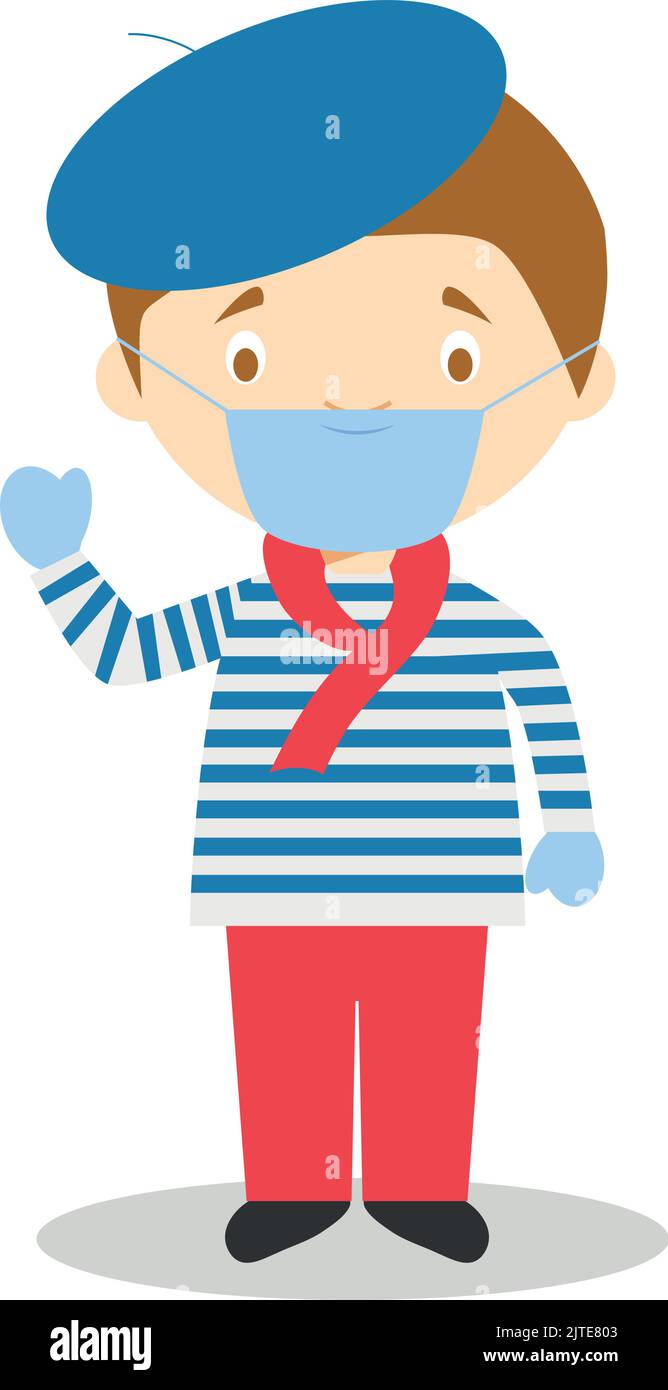 Character from France dressed in the traditional way and with surgical mask and latex gloves as protection against a health emergency Stock Vector