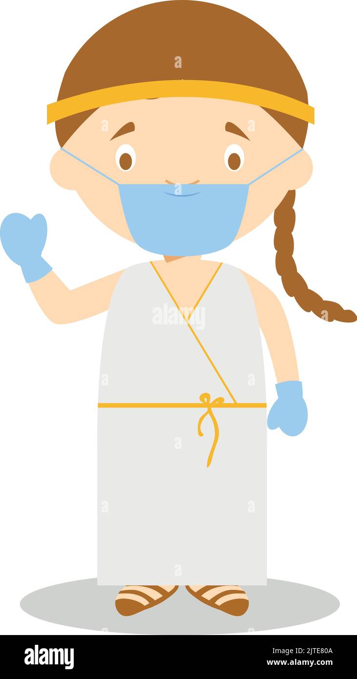 Character from Greece dressed in the traditional way of the Classical Greece and with surgical mask and latex gloves as protection against a health em Stock Vector