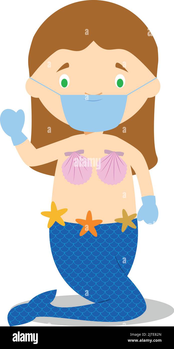 Little girl dressed as a mermaid with surgical mask and latex gloves as protection against a health emergency Stock Vector