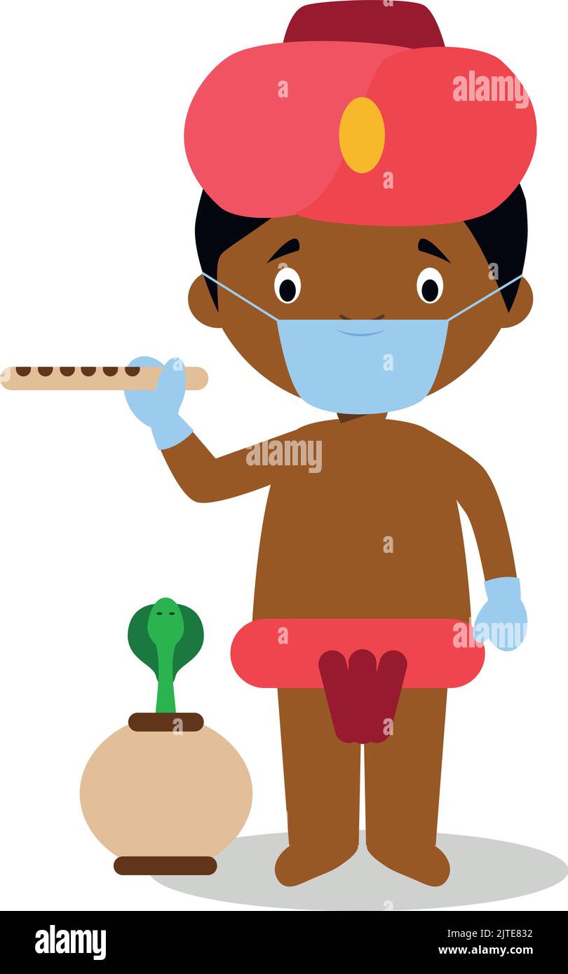 Character from India dressed in the traditional way as a snake charmer and with surgical mask and latex gloves as protection against a health emergenc Stock Vector