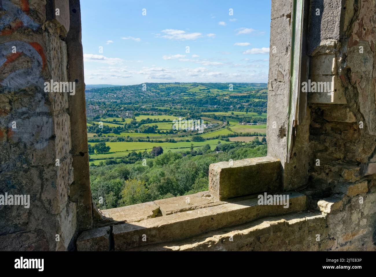 View west towards Bath from Browne’s Folly, a tower built in 1846 on a wooded hilltop near Bathford, Bath and northeast Somerset, UK, August 2021. Stock Photo