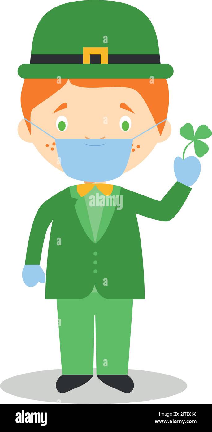 Character from Ireland dressed in the traditional way with a clover and with surgical mask and latex gloves as protection against a health emergency Stock Vector