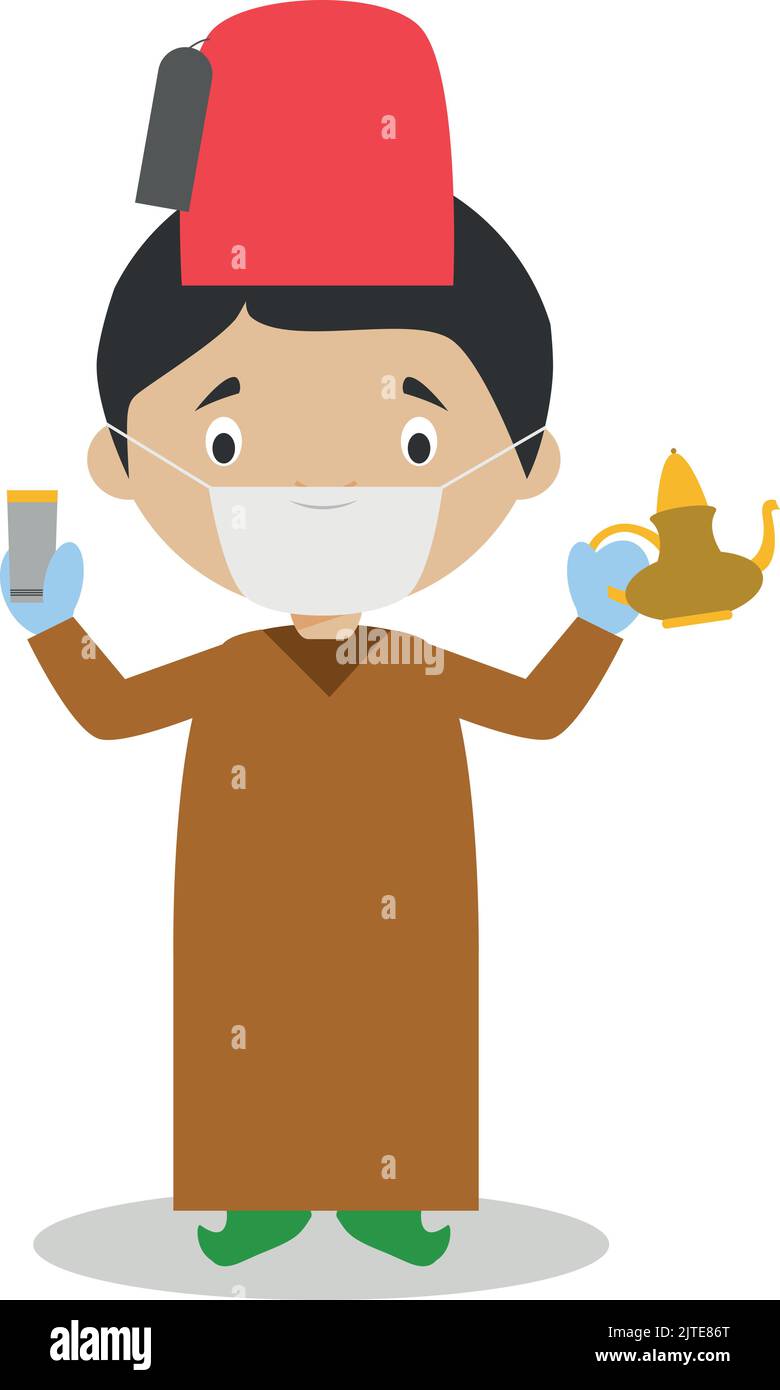 Character from Morocco dressed in the traditional way with a tea set and with surgical mask and latex gloves as protection against a health emergency Stock Vector