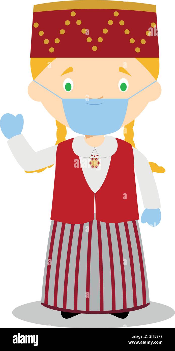 Character from Estonia dressed in the traditional way and with surgical mask and latex gloves as protection against a health emergency Stock Vector