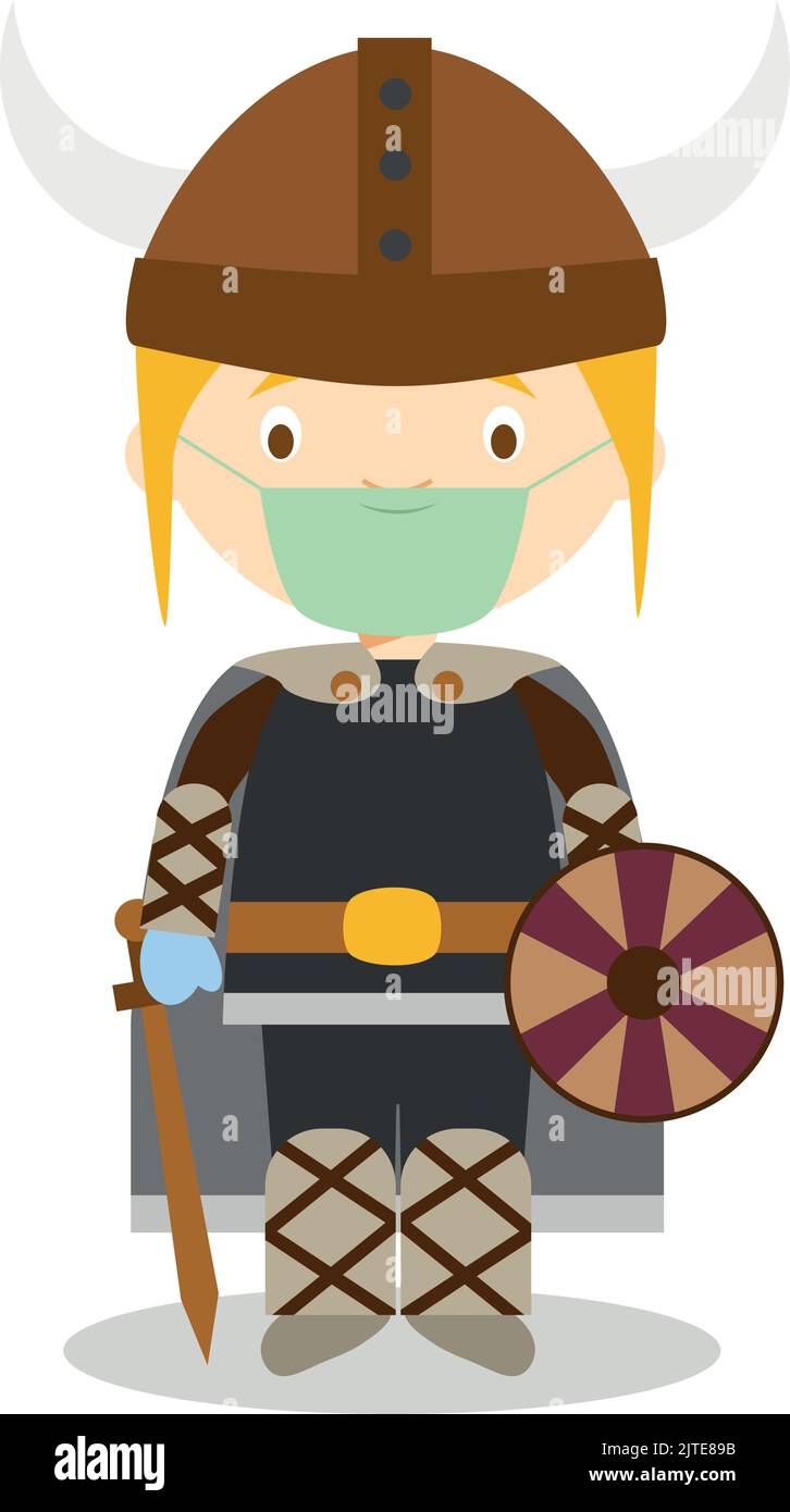 Character from Sweden, Norway or Scandinavia. Viking boy dressed in the traditional way and with surgical mask and latex gloves as protection against Stock Vector