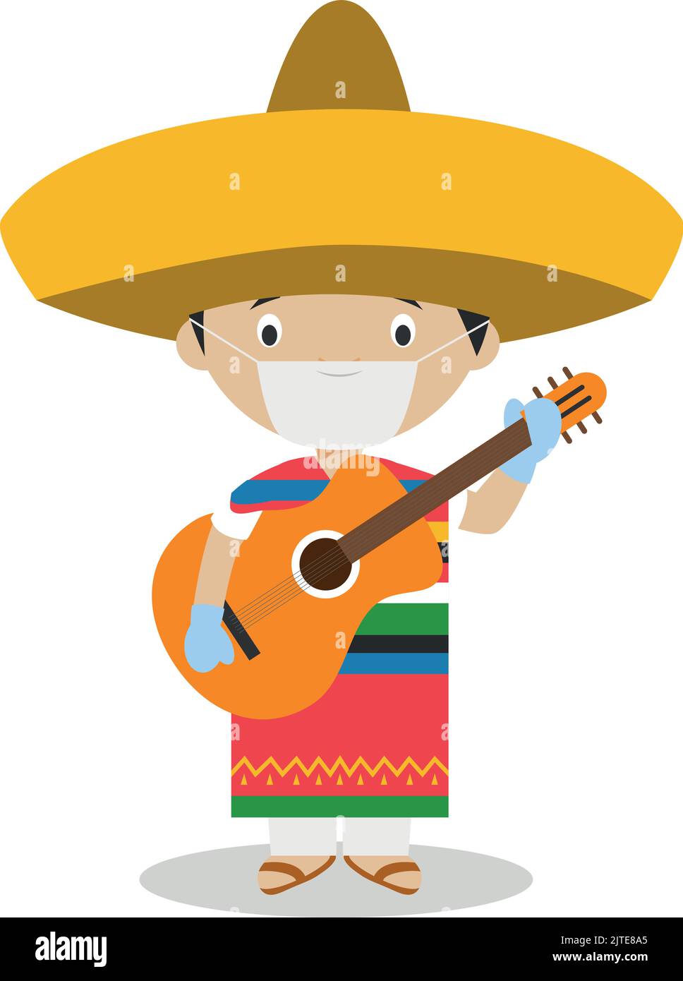 Character from Mexico dressed in the traditional way with guitar and with surgical mask and latex gloves as protection against a health emergency Stock Vector