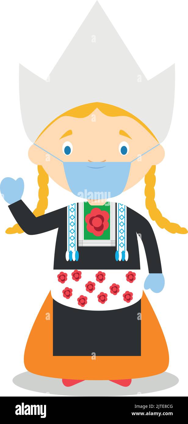 Character from Holland or Netherlands dressed in the traditional way and with surgical mask and latex gloves as protection against a health emergency Stock Vector