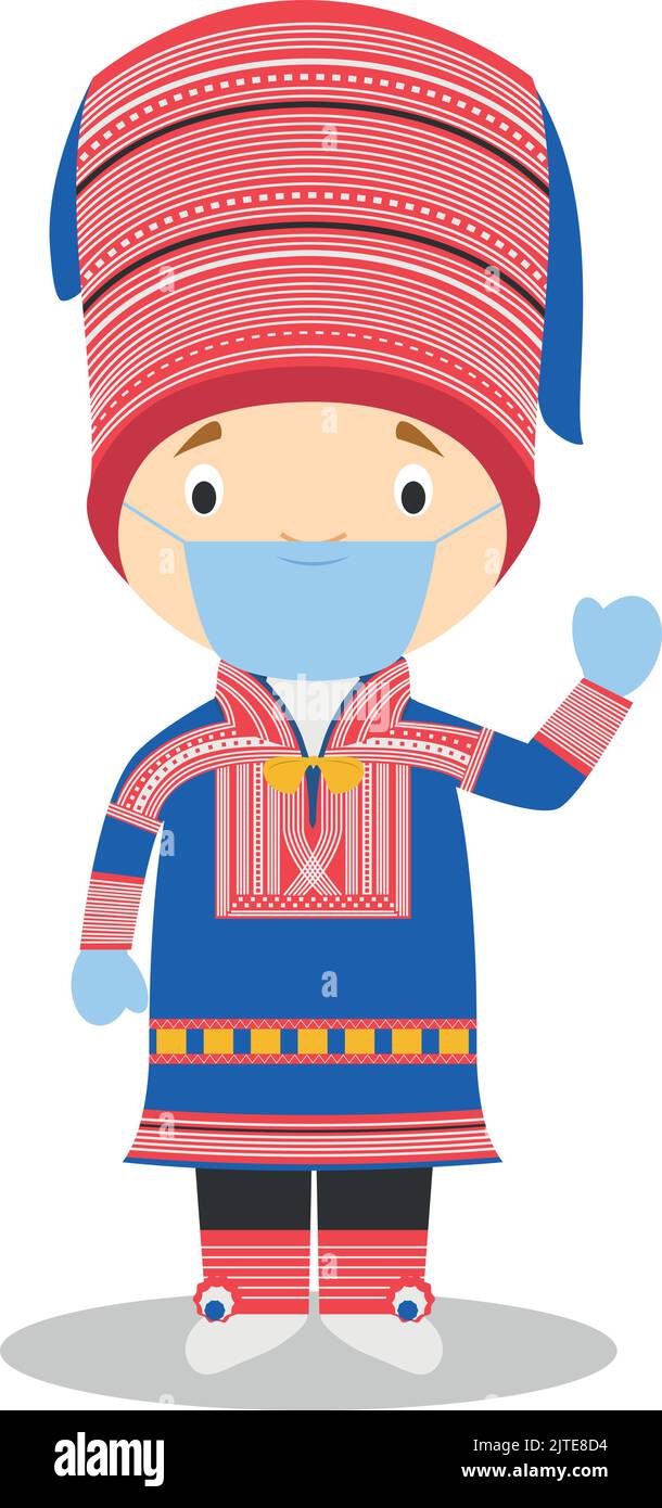 Character from Lapland dressed in the traditional way and with surgical mask and latex gloves as protection against a health emergency Stock Vector
