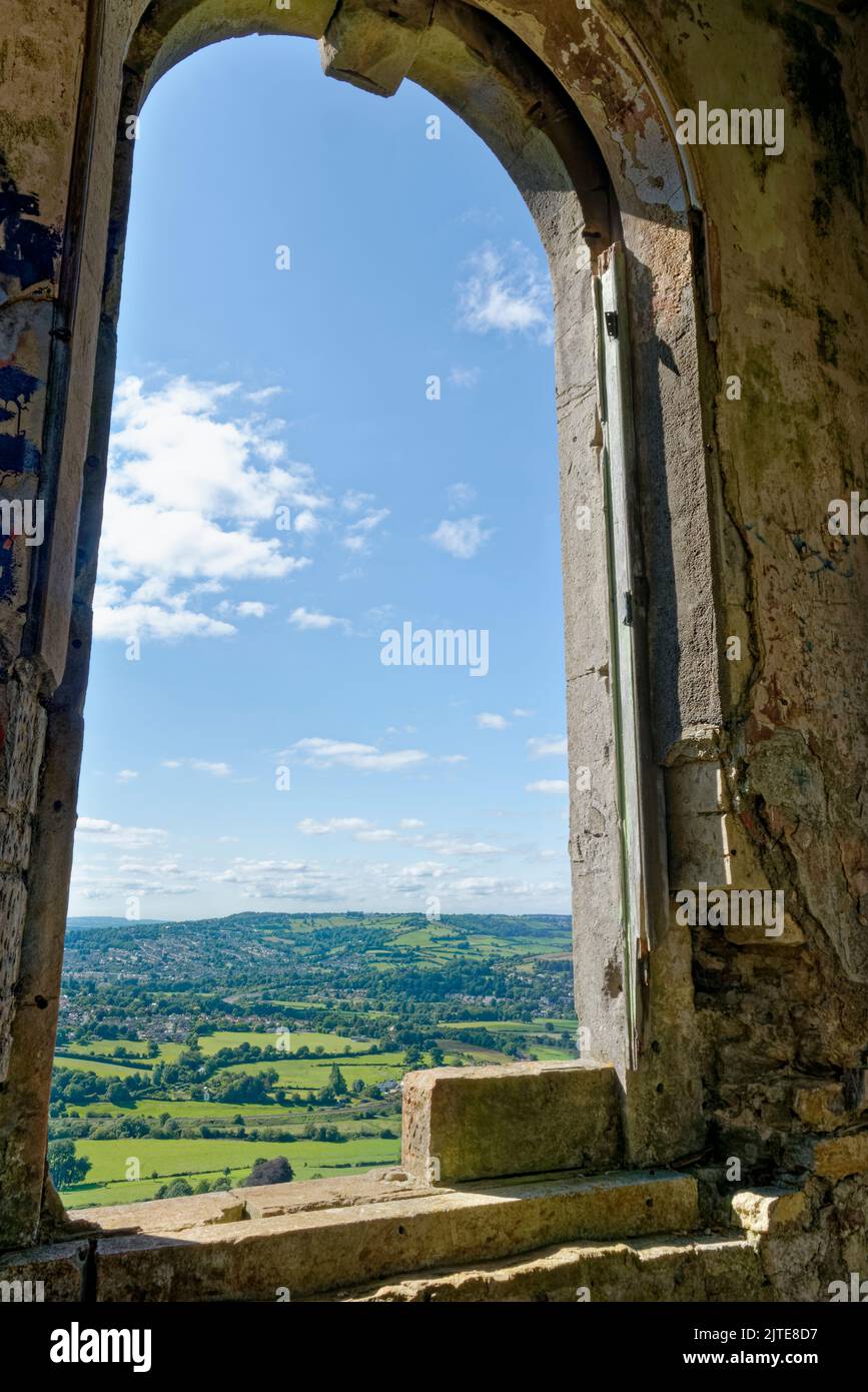 View west towards Bath from Browne’s Folly, a tower built in 1842 on a wooded hilltop near Bathford, Bath and northeast Somerset, UK, August 2021. Stock Photo