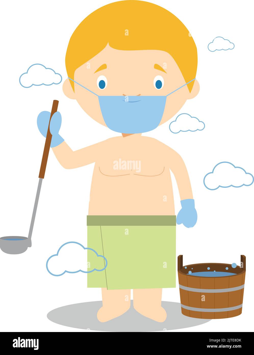 Character from Finland in a traditional sauna with surgical mask and latex gloves as protection against a health emergency Stock Vector