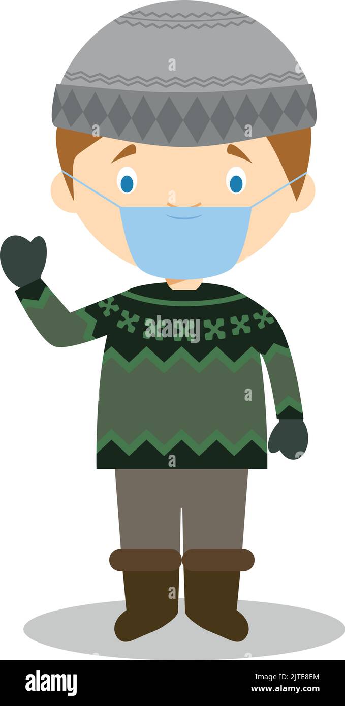 Character from Iceland dressed in the traditional way with the typical lopapeysa sweater and with surgical mask and latex gloves as protection against Stock Vector
