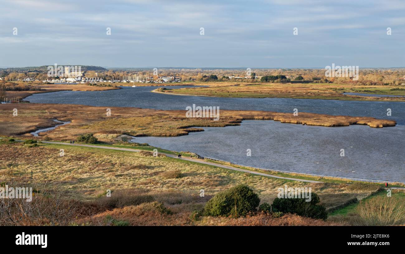 Christchurch and Christchurh Harbour viewed from Warren Hill on Hengistbury Head in winter, Hampshire, UK, November 2021. Stock Photo