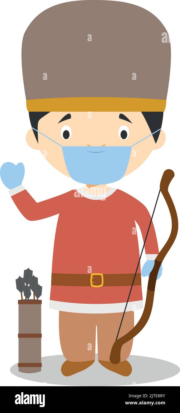 Character from Hungary dressed in the traditional way as a magyar warrior and with surgical mask and latex gloves as protection against a health emerg Stock Vector