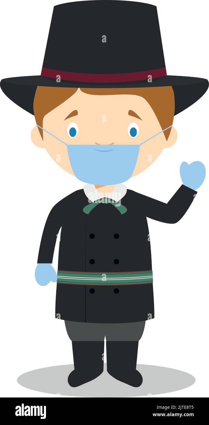 Character from Latvia dressed in the traditional way and with surgical mask and latex gloves as protection against a health emergency Stock Vector