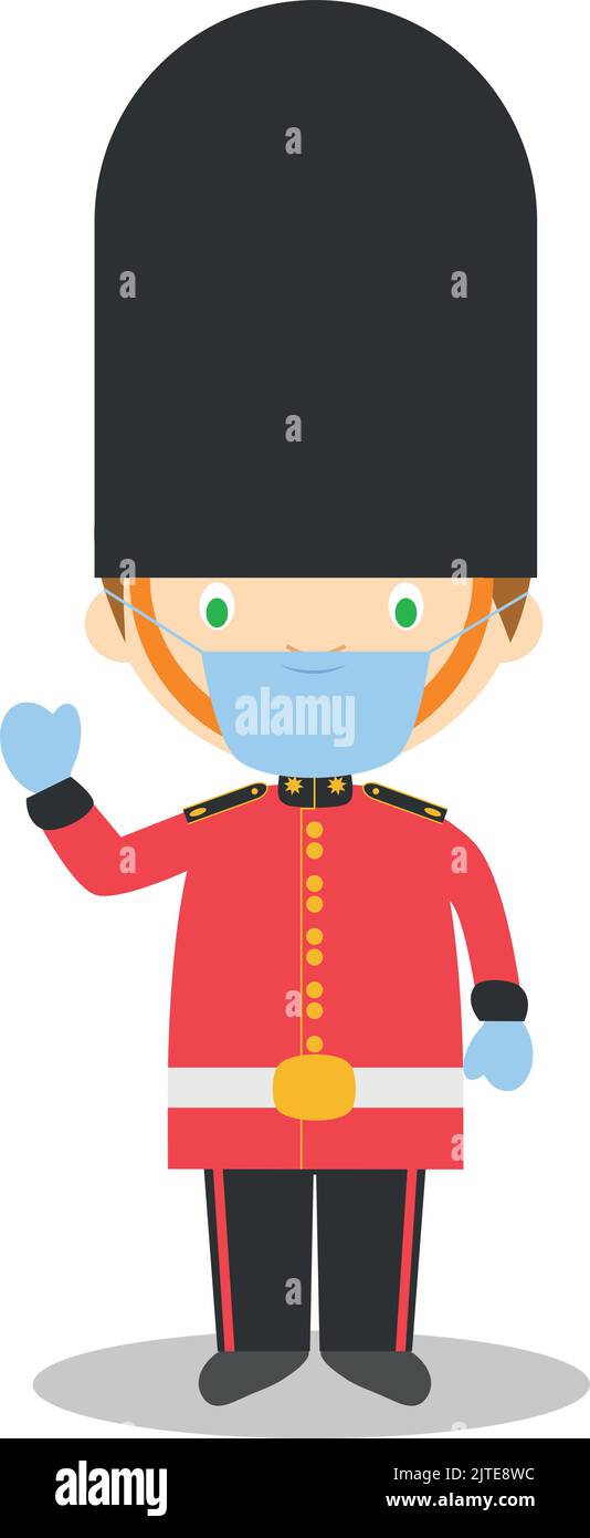 Character from England. Royal Guard boy dressed in the traditional way and with surgical mask and latex gloves as protection against a health emergenc Stock Vector
