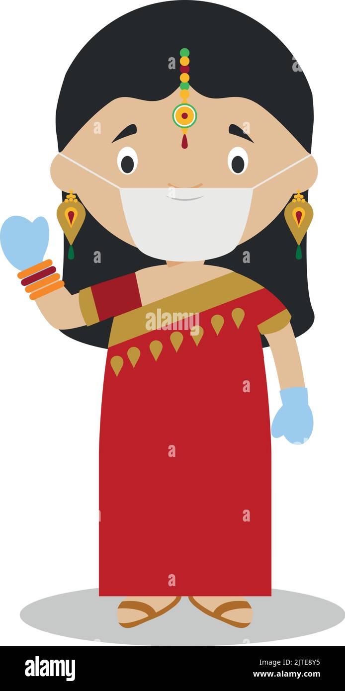 Indian girl dressed in the traditional way with sari and with surgical mask and latex gloves as protection against a health emergency Stock Vector