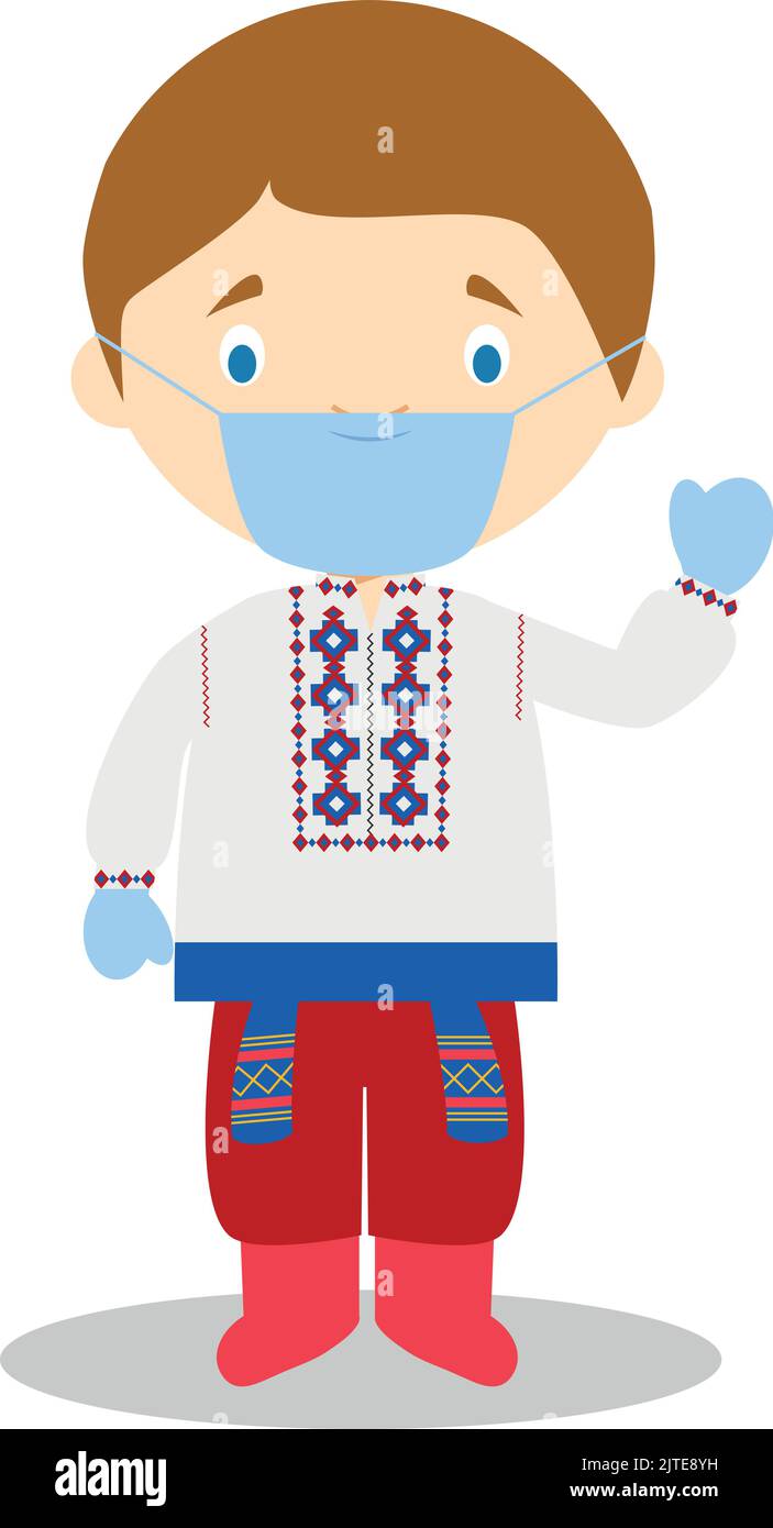 Character from Ukraine dressed in the traditional way and with surgical mask and latex gloves as protection against a health emergency Stock Vector