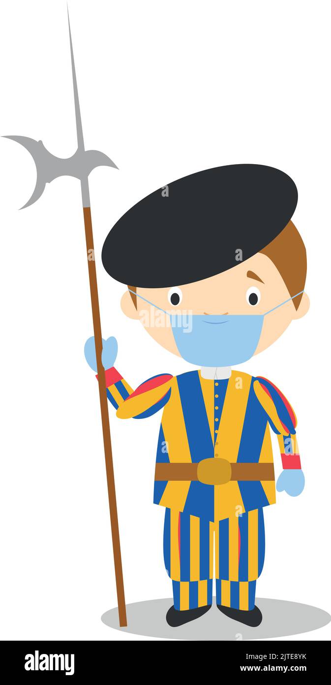 Swiss Guard character from Vatican City dressed in the traditional way and with surgical mask and latex gloves as protection against a health emergenc Stock Vector