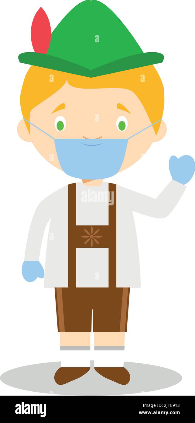 Character from Germany dressed in the traditional Bavarian way and with surgical mask and latex gloves as protection against a health emergency Stock Vector