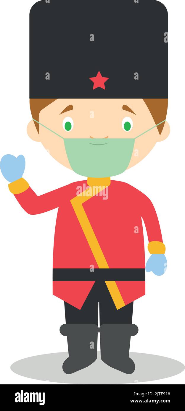 Character from Russia dressed in the traditional way and with surgical mask and latex gloves as protection against a health emergency Stock Vector