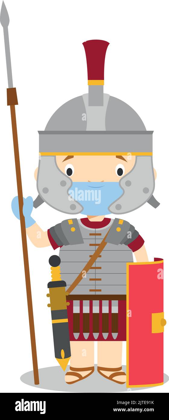 Character from Italy dressed in the traditional way as a Roman Legionary and with surgical mask and latex gloves as protection against a health emerge Stock Vector