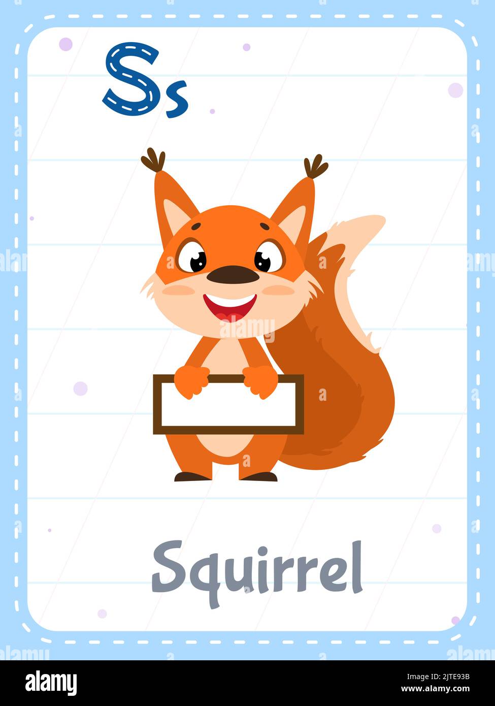 Alphabet printable flashcard with letter S. Cartoon cute squirrel
