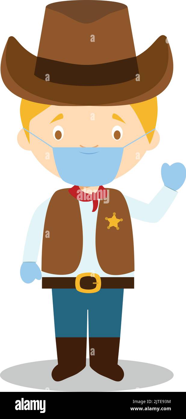 Cowboy character from USA dressed in the traditional way and with surgical mask and latex gloves as protection against a health emergency Stock Vector