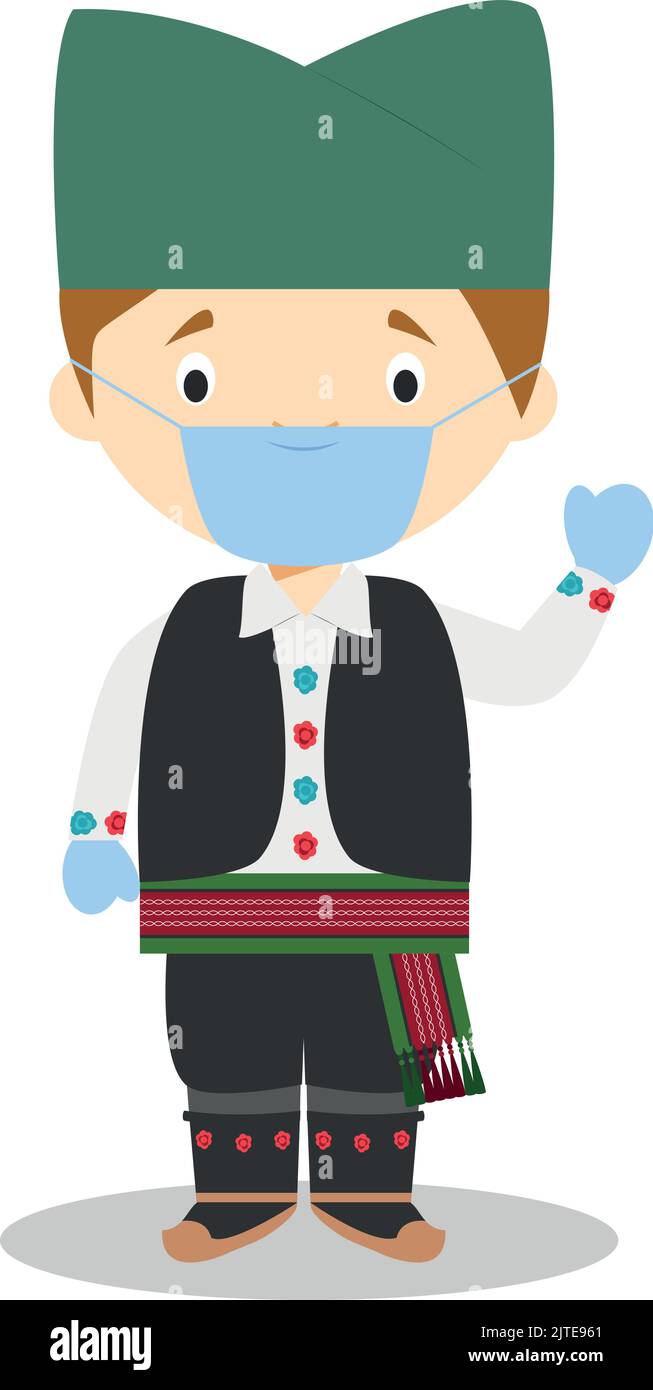 Character from Serbia dressed in the traditional way and with surgical mask and latex gloves as protection against a health emergency Stock Vector