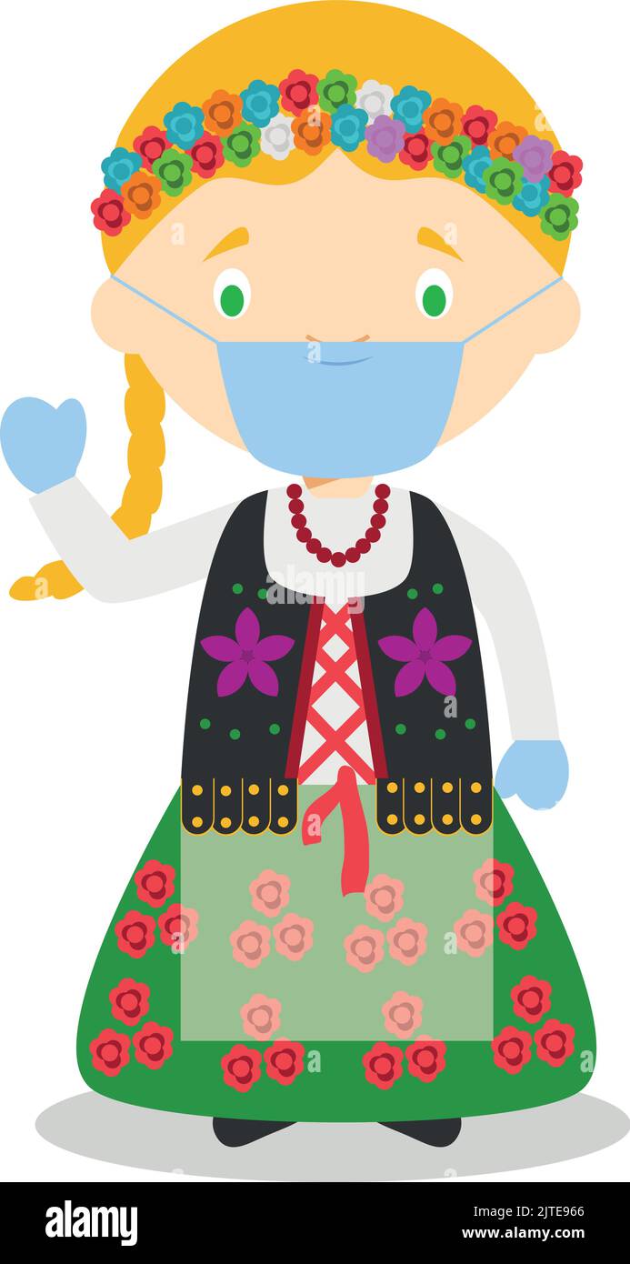 Character from Poland dressed in the traditional way and with surgical mask and latex gloves as protection against a health emergency Stock Vector