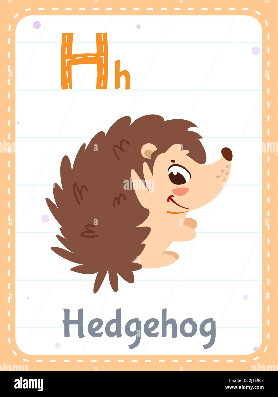 Alphabet printable flashcard with letter H. Cartoon cute hedgehog animal and english word on flash card for children education. School memory cards for kindergarten kids flat vector illustration Stock Vector