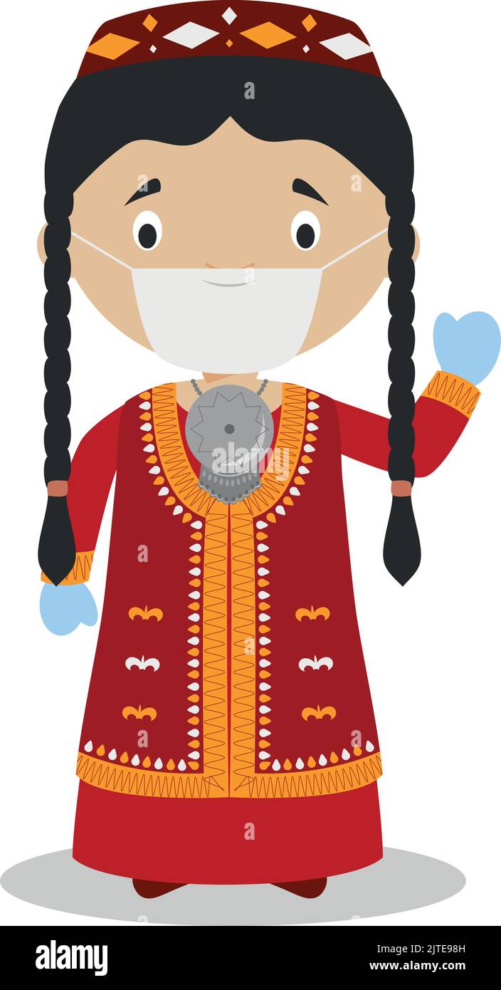 Character from Turkmenistan dressed in the traditional way and with surgical mask and latex gloves as protection against a health emergency Stock Vector