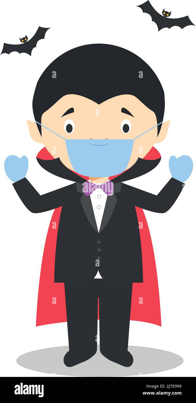 Character from Romania dressed as a vampire of Transilvania and with surgical mask and latex gloves as protection against a health emergency Stock Vector