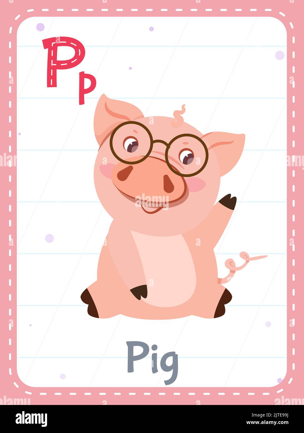 Alphabet printable flashcard with letter P. Cartoon cute pink pig animal and english word on flash card for children education. School memory card for kindergarten kids flat vector illustration. Stock Vector