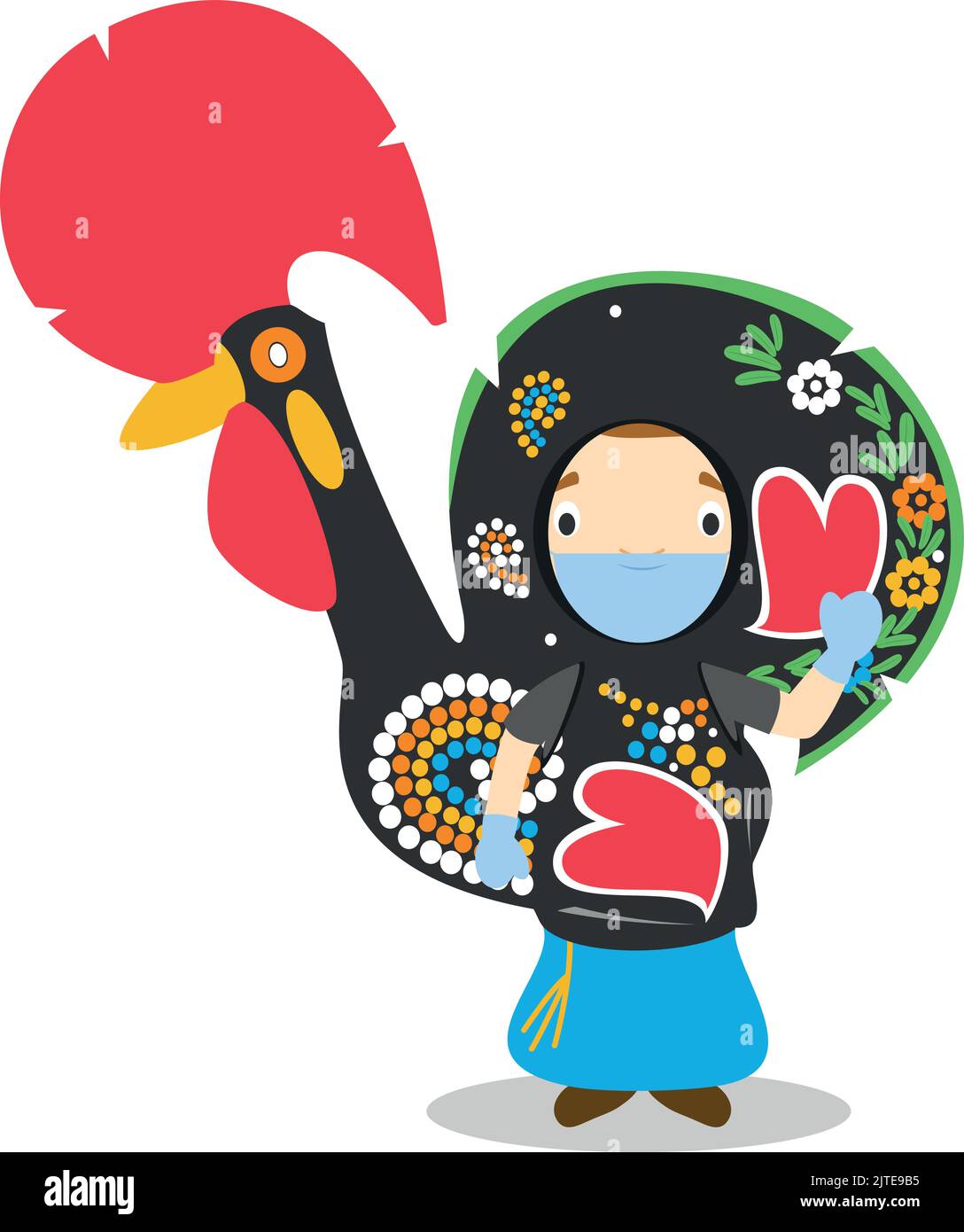Character from Portugal disguised as typical Barcelos rooster and with surgical mask and latex gloves as protection against a health emergency Stock Vector