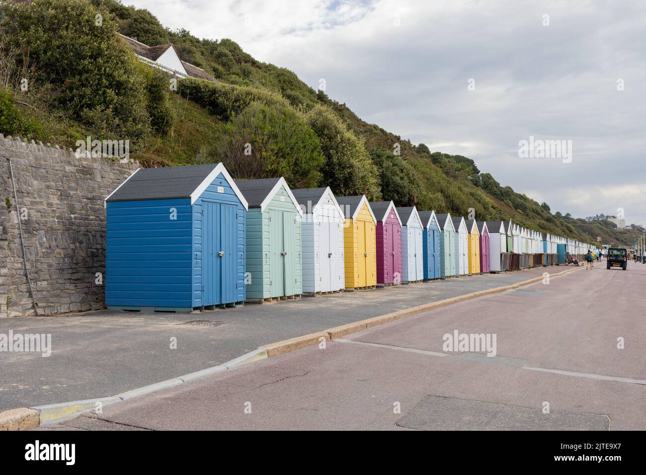 Colourful beach huts along the promenade in Alum Chine, Bournemouth, England Stock Photo